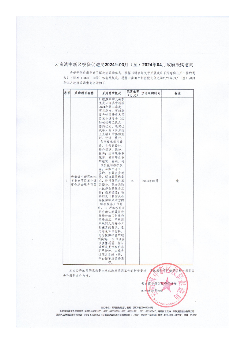云南滇中新区投资促进局2024年3月至2024年4月政府采购意向_00