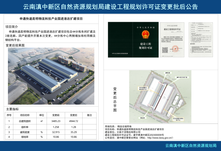 申通快递昆明物流科技产业园进港改扩建项目建设工程规划许可证变更批后公告_01